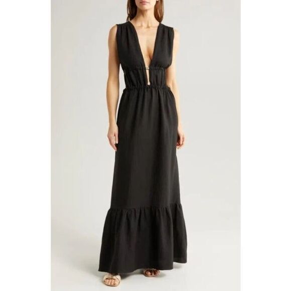 NEW Lemlem by Liya Kebede Women's Black Lelisa Ruffled Linen Maxi Dress Med NWOT - Picture 1 of 9